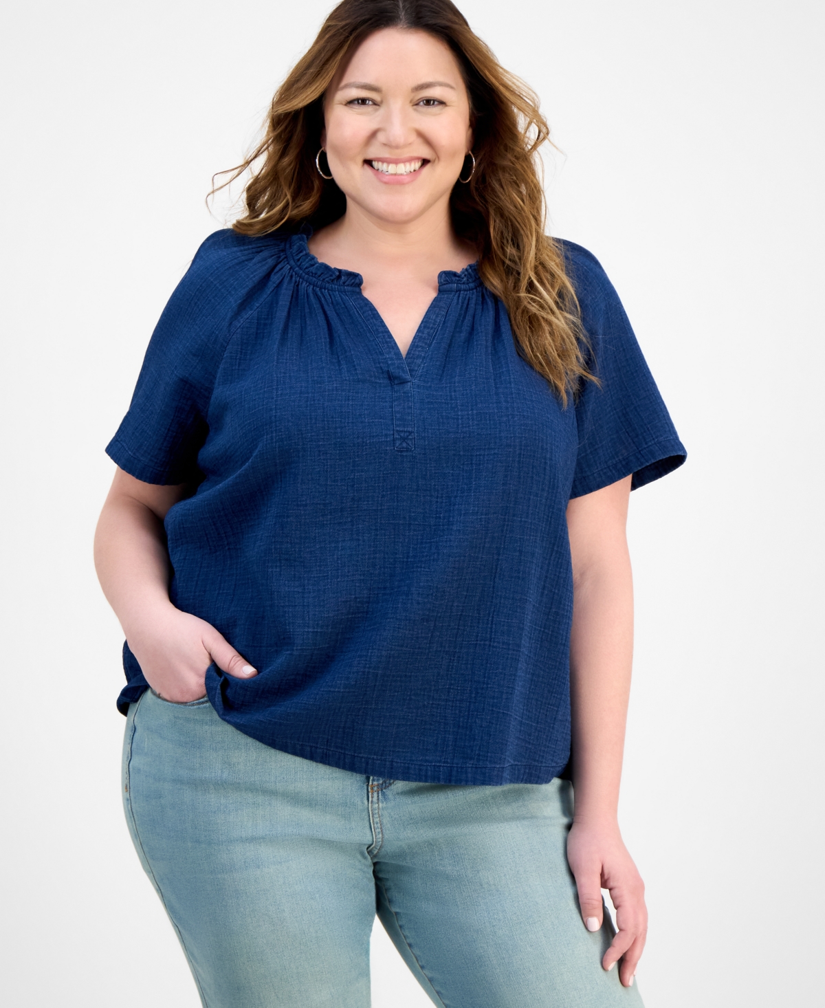 Plus Size Short Sleeve V-Neck Top, Exclusively at Macy's - True Indigo