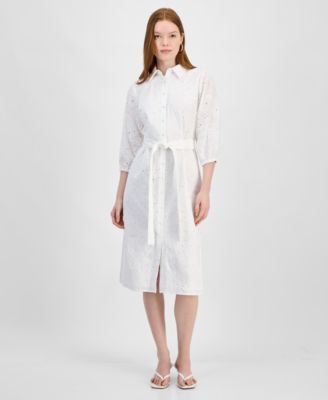T Tahari - Women's Embroidered Eyelet Belted Shirtdress
