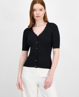 T Tahari - Women's V-Neck Button-Front Ribbed-Knit Top