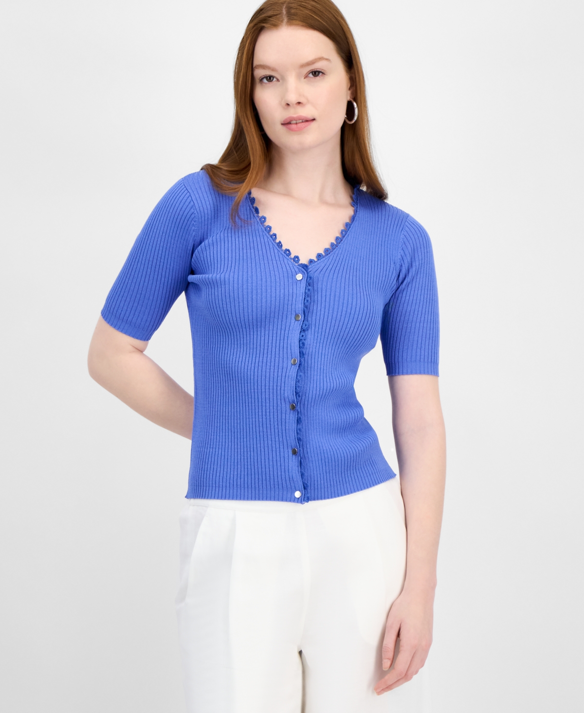 Women's V-Neck Button-Front Ribbed-Knit Top - Spring Blue