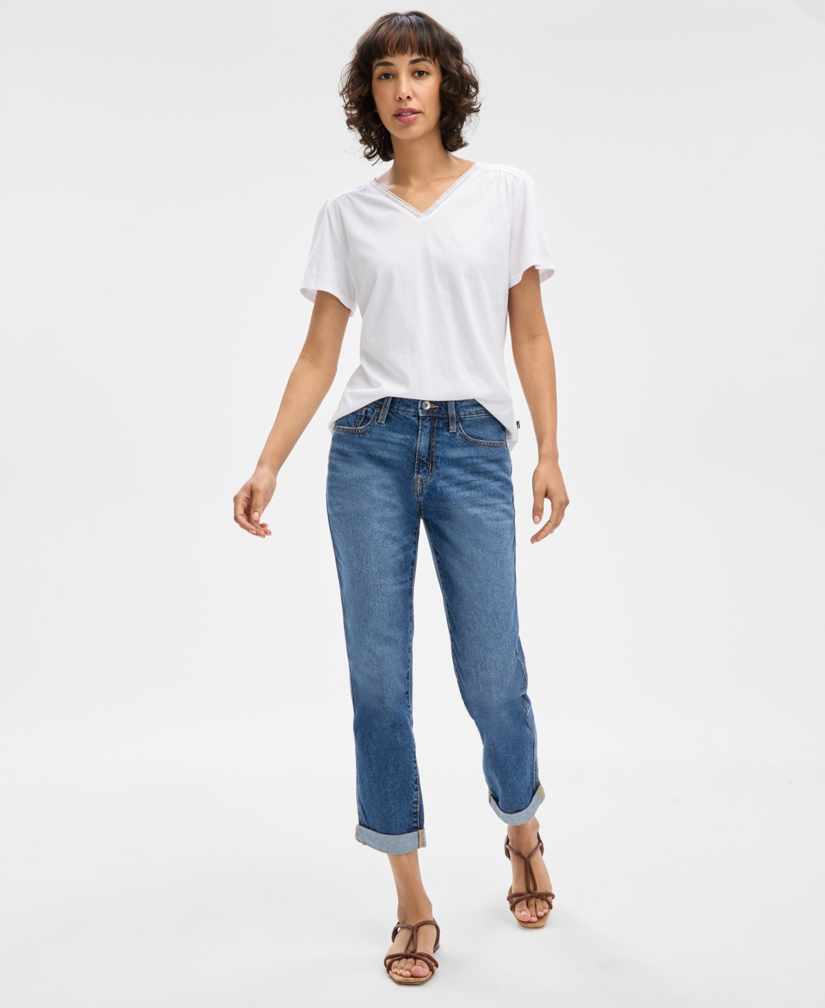 Nautica Jeans Women's Lace-trim V-neck T-shirt In Bright White