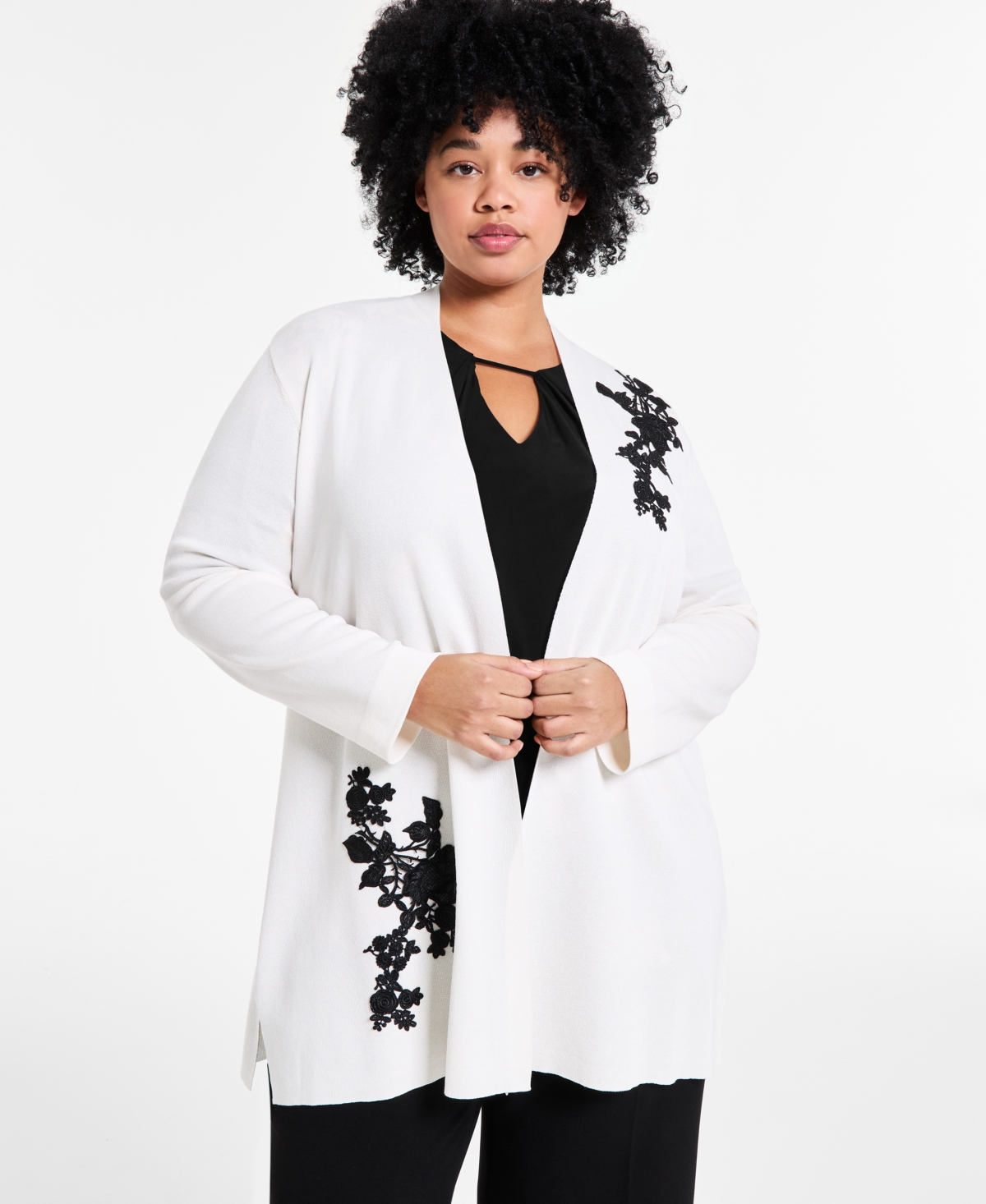 ANNE KLEIN PLUS SIZE LACE-APPLIQUE OPEN-FRONT CARDIGAN 
