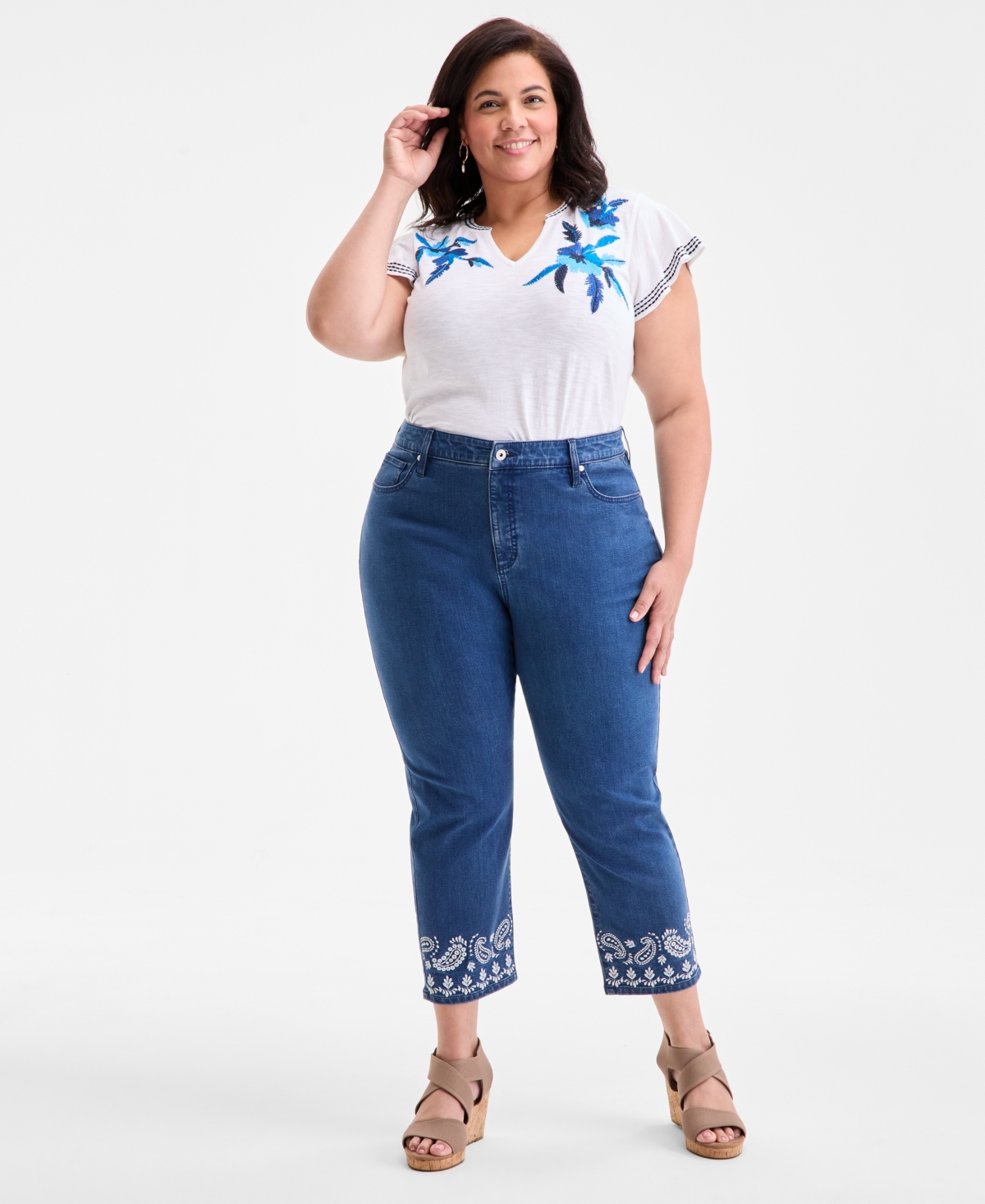 Plus Size Eyelet Embroidered Cropped High Rise Straight Leg Jeans. Exclusively at Macy's - Eyelet White