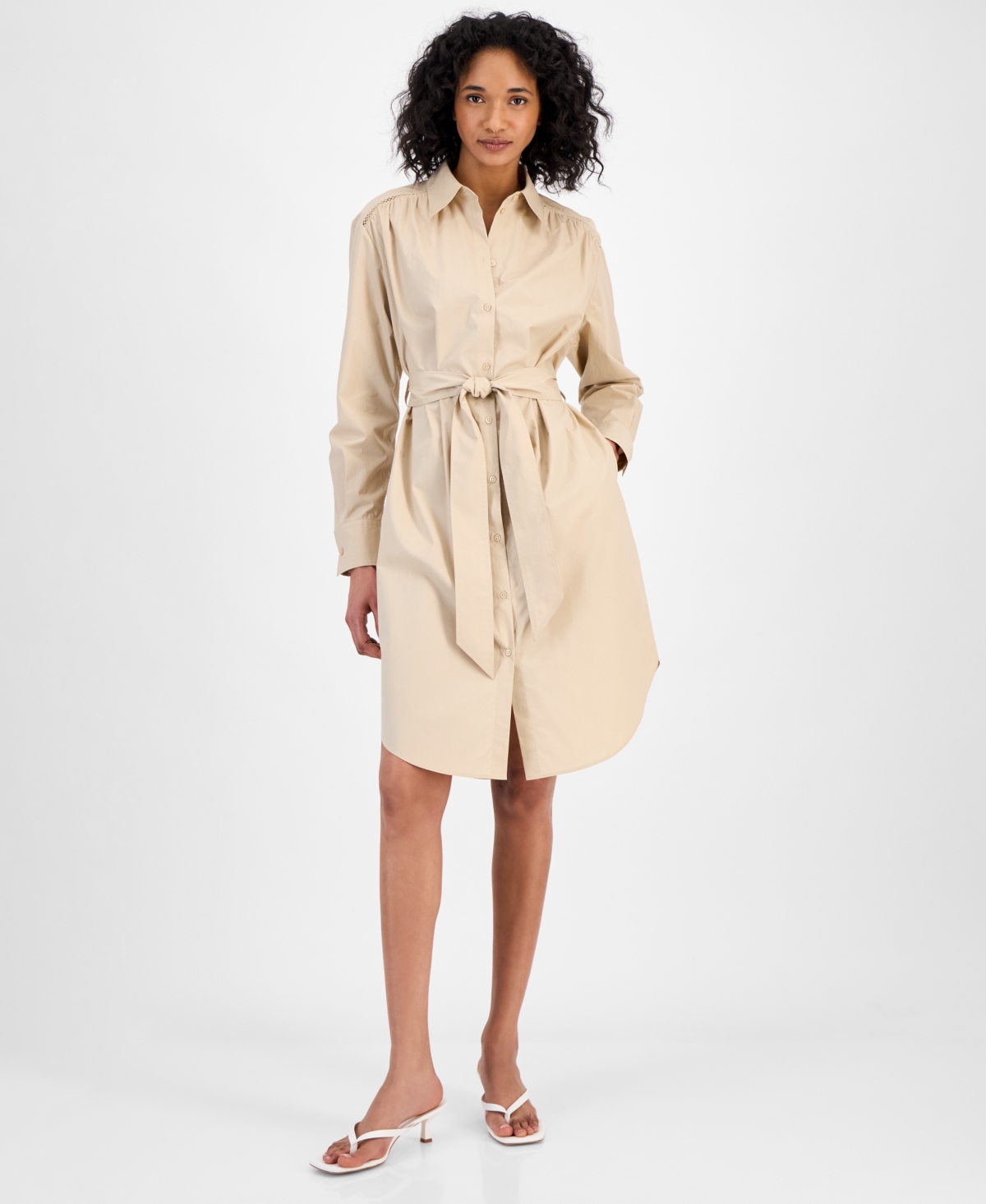 Women's Cotton Belted Long-Sleeve Shirtdress - Stone