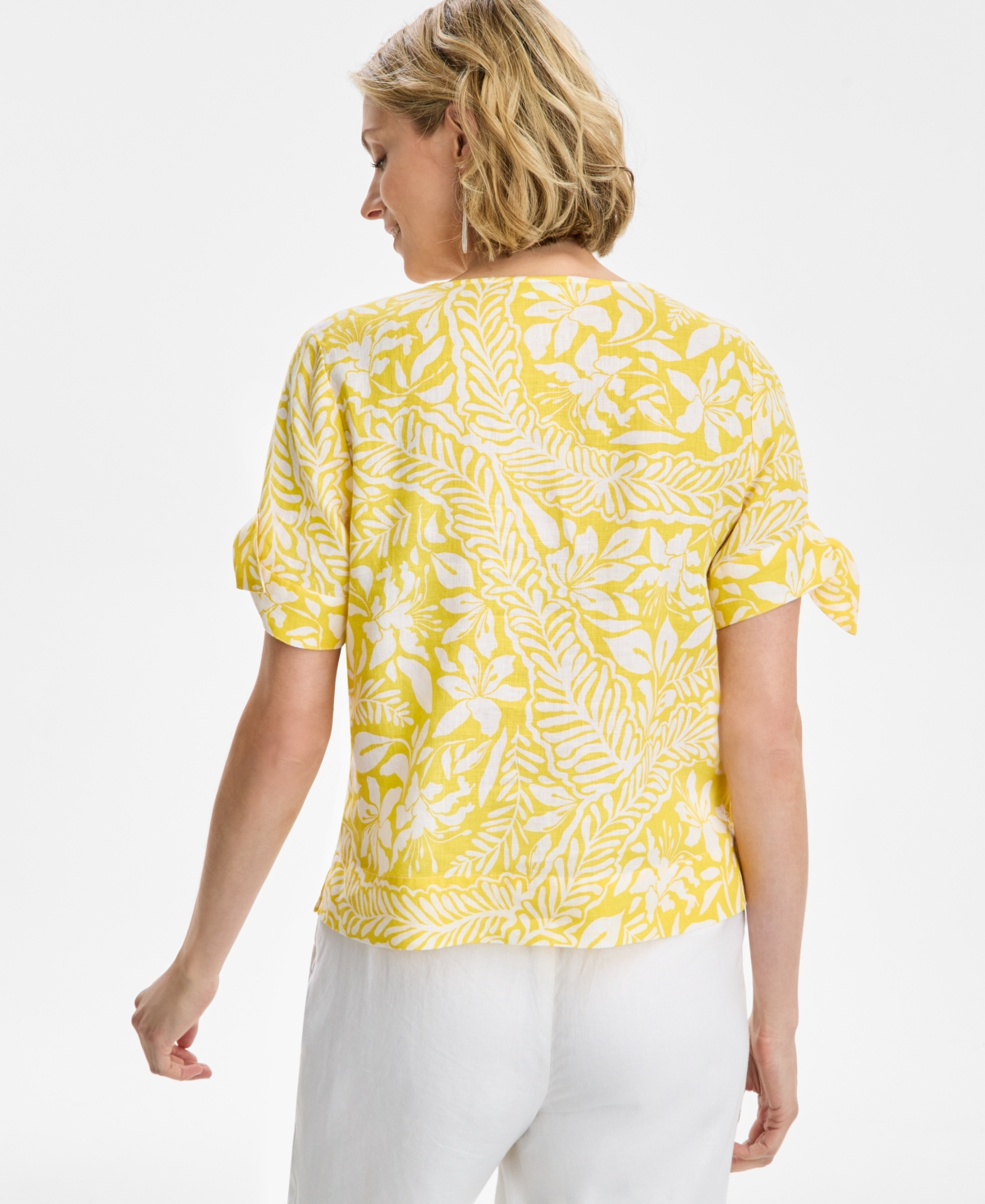 CHARTER CLUB WOMEN'S BHAVANA TIE-SLEEVE WOVEN 100% LINEN TOP, EXCLUSIVELY AT MACY'S 