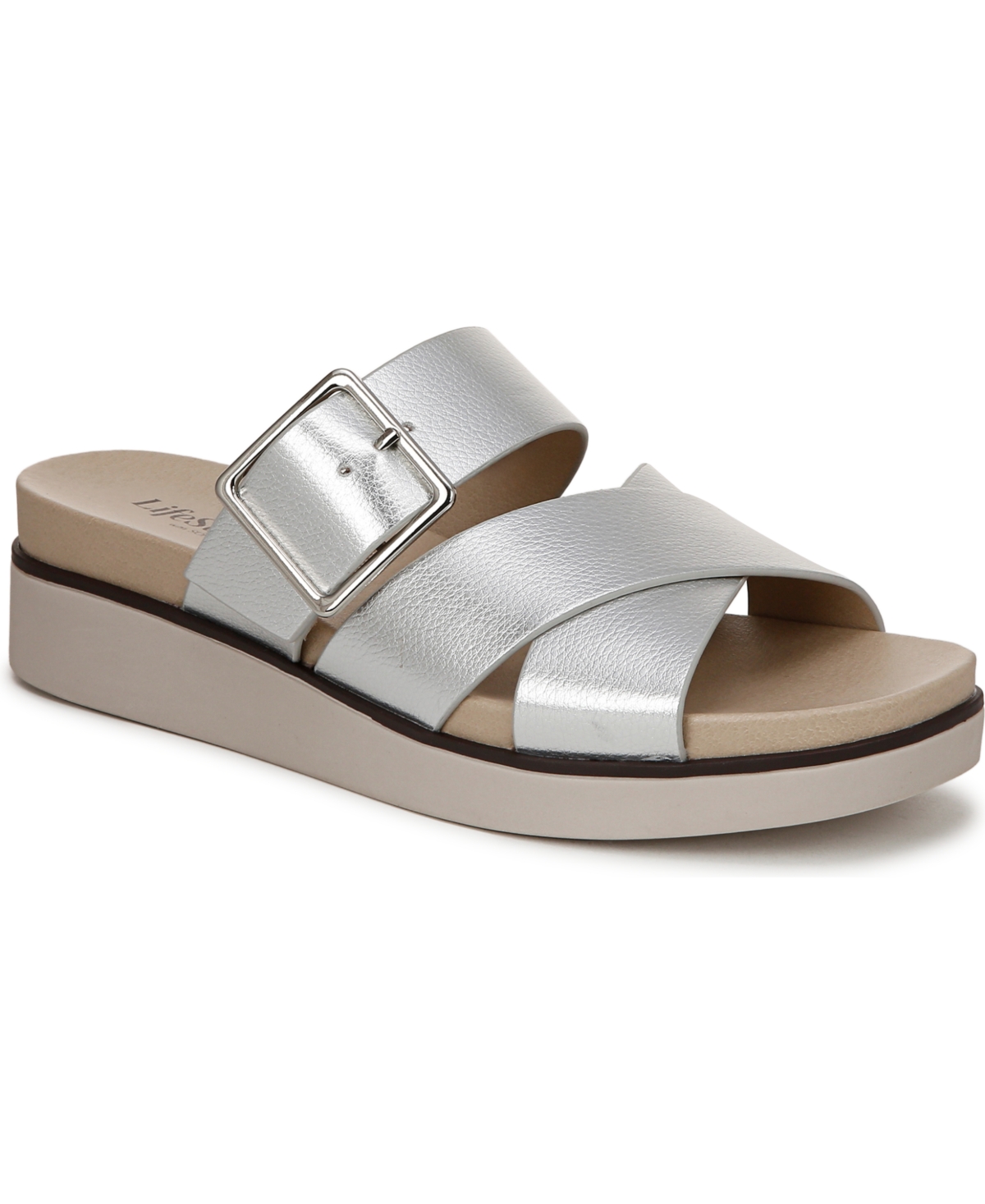 Shop Lifestride Women's Getaway Open Square Toe Platform Slide Sandals In Silver Faux Leather