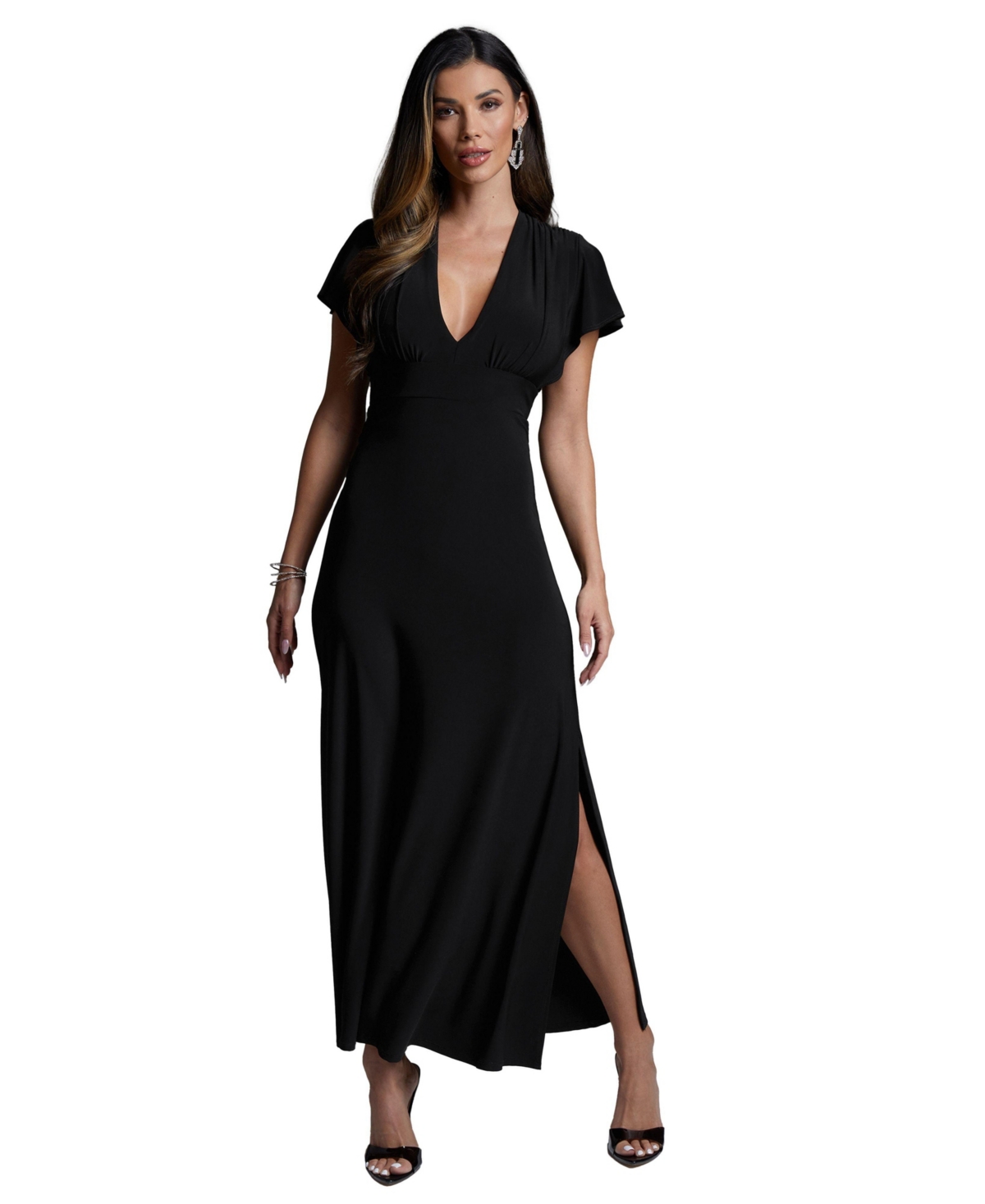 Women's Cap Sleeve V-Neck Full Maxi Dress - Black