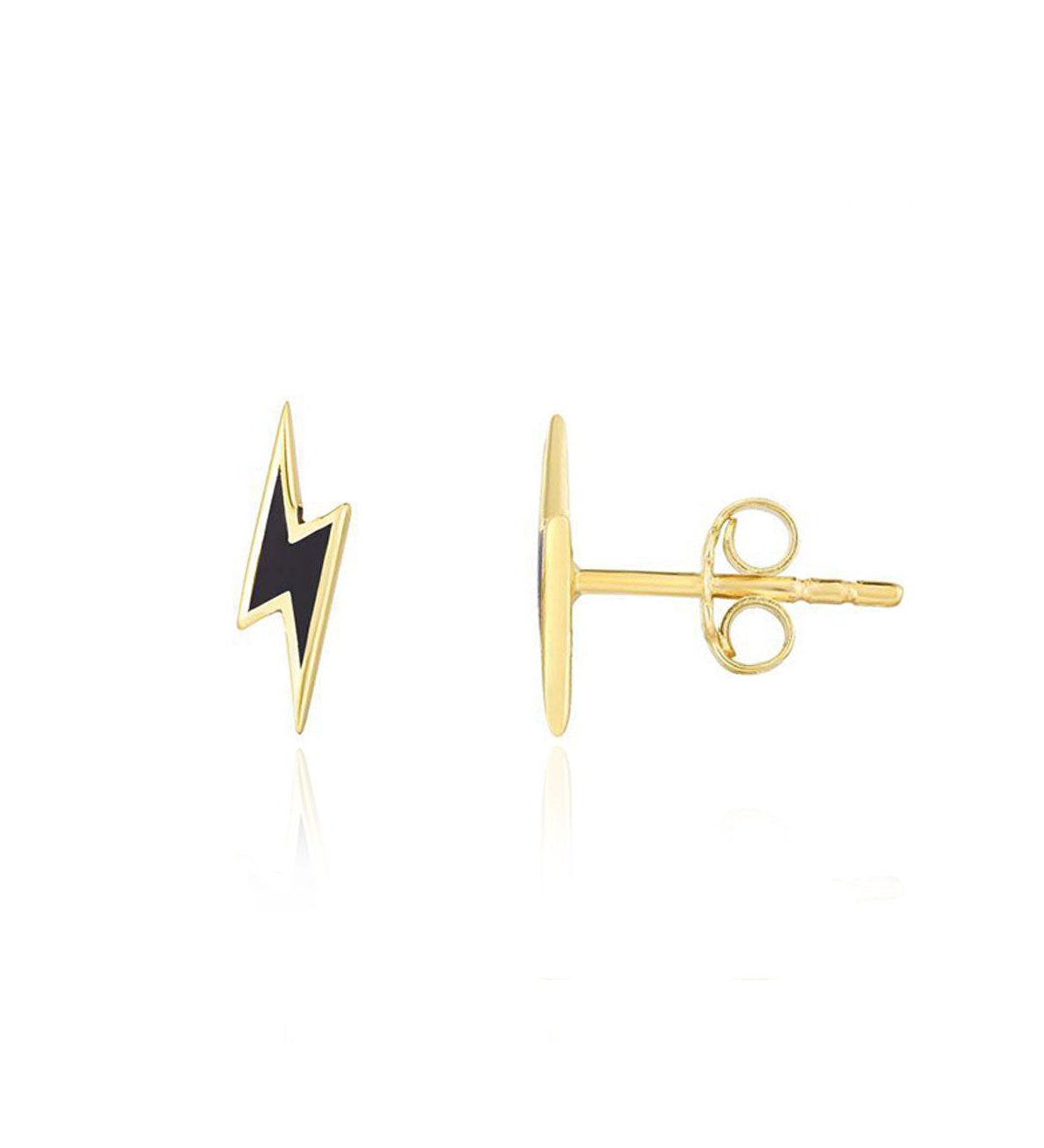 Lightning Bolt Black Enamel Stud Earrings 14K Gold - Black