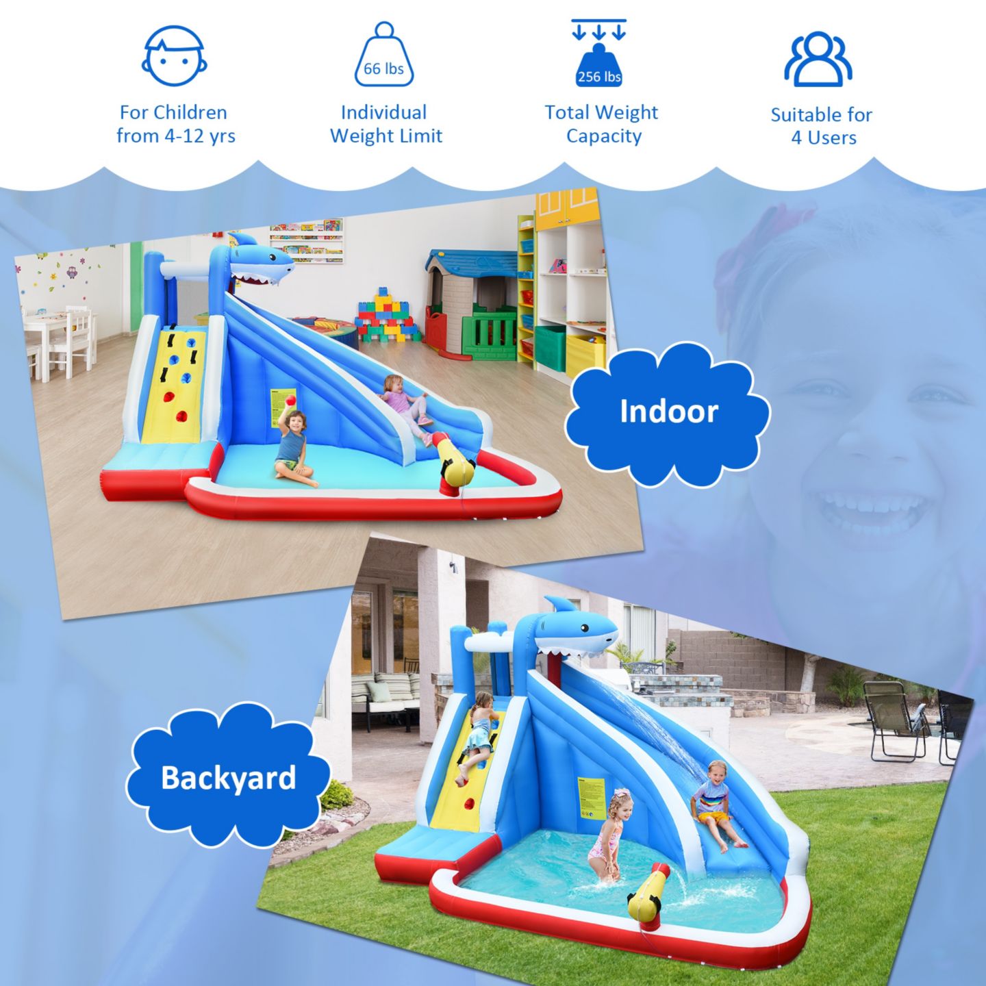 Детская игрушка Slickblue 4-in-1 Inflatable Water Slide Park with Long Slide, Oxford Cloth, Ages 4+, цвет: Синий — фото 7