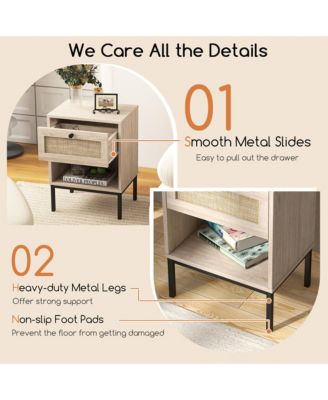 Rattan Nightstand Boho End Table with Drawer & Open Shelf for Living Room