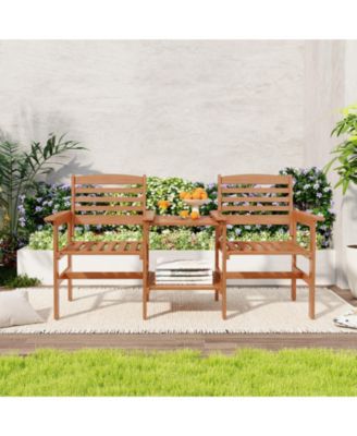 Outdoor Patio Wood 2-Seat Conversation Set with Coffee Table and Umbrella Hole