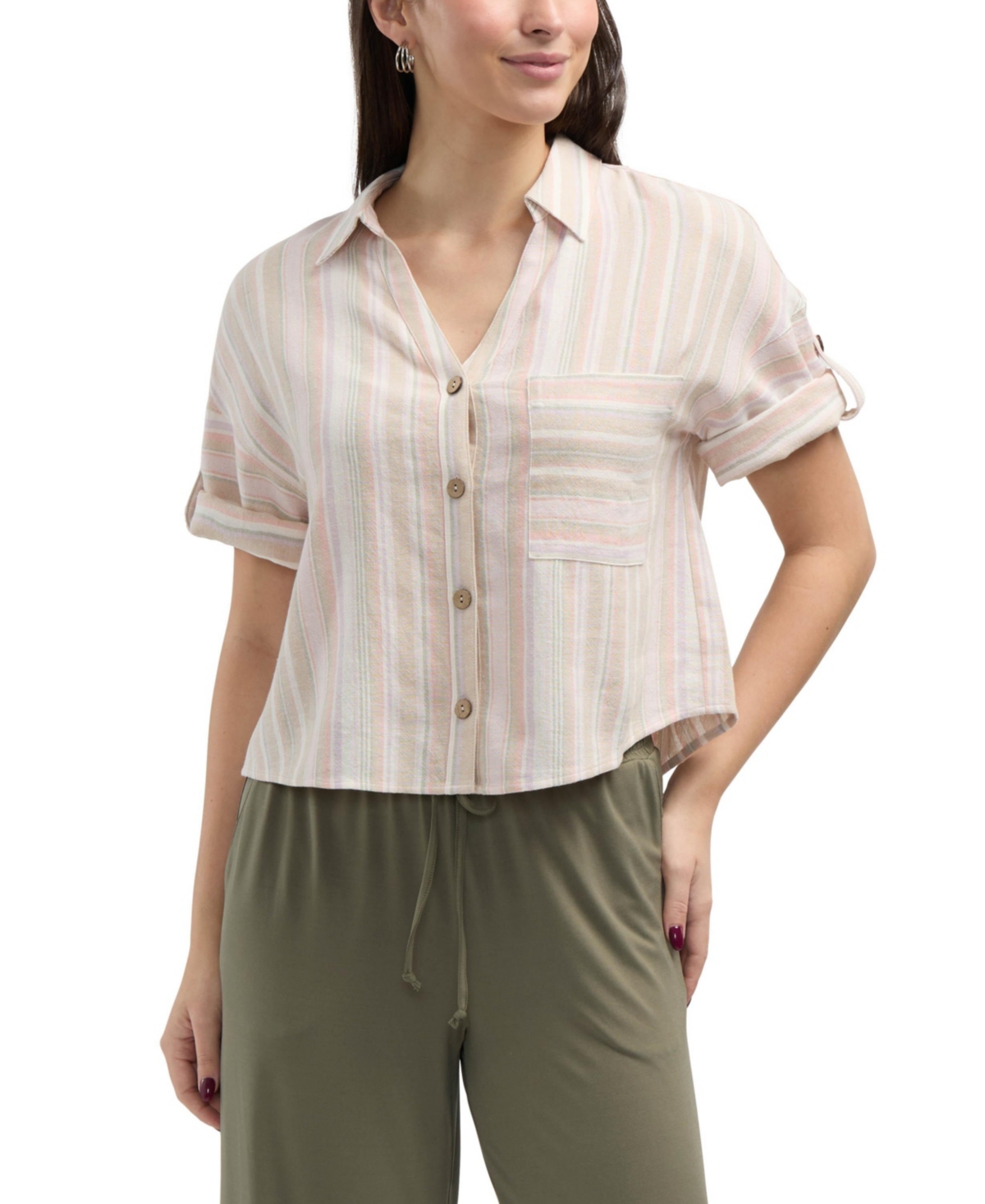 Women s Camp Shirt with Button Front - Pink multi stripe