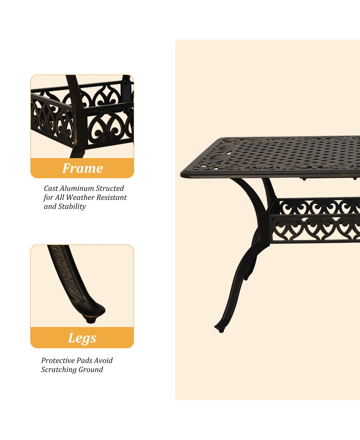 7pcs Cast Aluminium Patio Dining Set Outdoor Dining Set Patio Bistro Set 6 Outdoor Dining Chairs and 59 Inches Rectangular Dining Table for Balcony Po