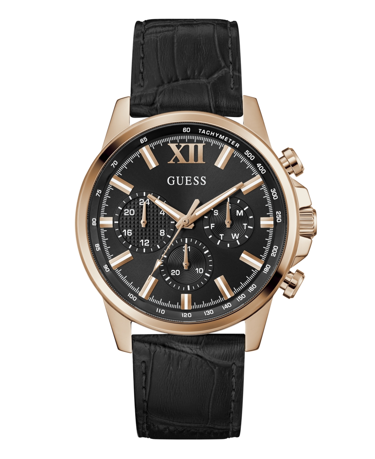 Guess Men's Multifunction Black Genuine Leather Watch, 44mm