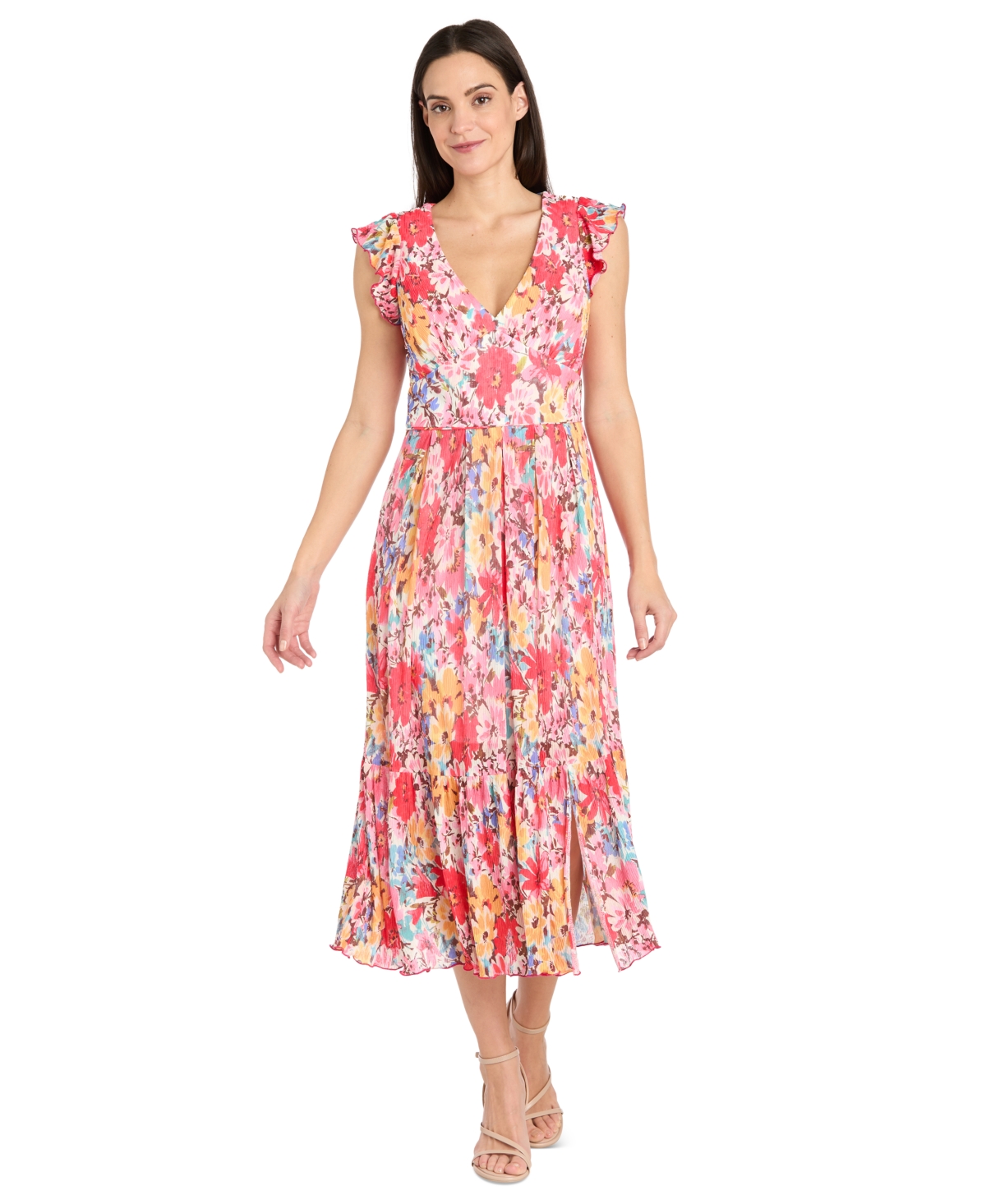 Women's Floral V-Neck Pleated Dress - Coral/multi