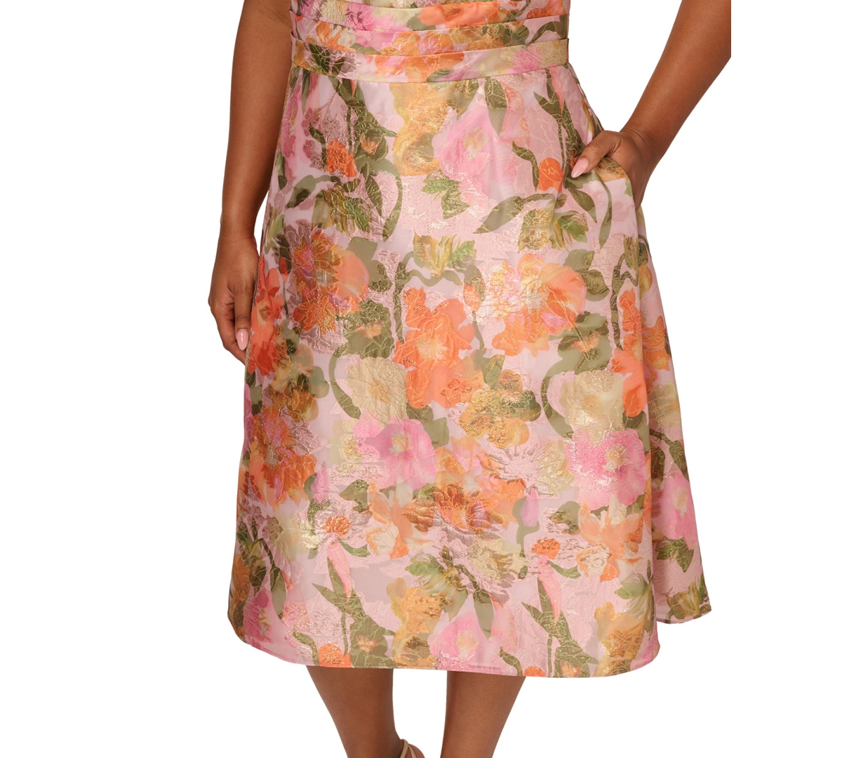 ADRIANNA PAPELL PLUS SIZE FLORAL JACQUARD MIDI DRESS 