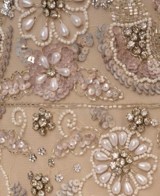 Women's V-Neck Beaded Short-Sleeve Mesh Gown