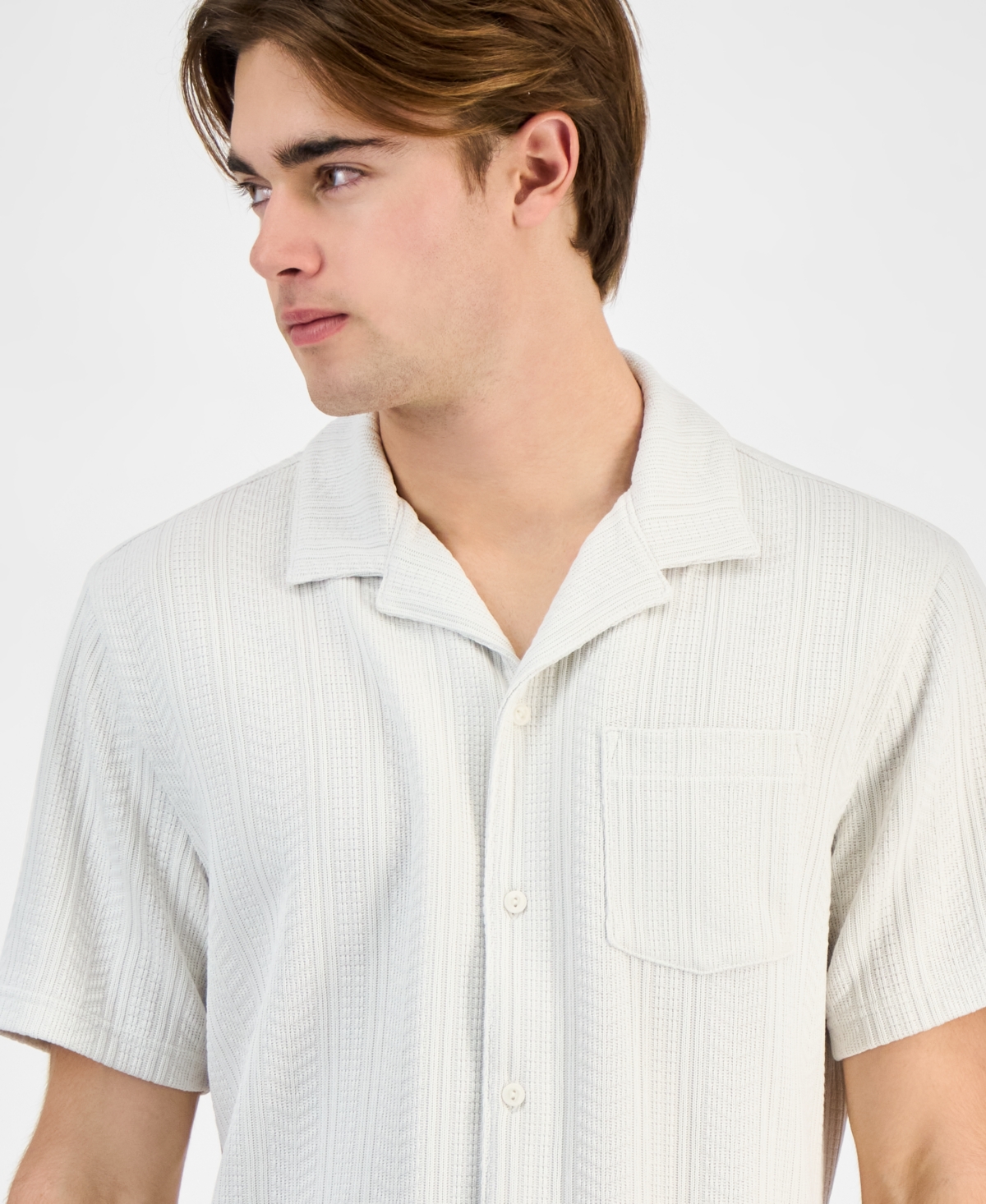Sun + Stone Men's Textured Chevron Knit Short Sleeve Button-Front Camp Shirt, Created for Macy's