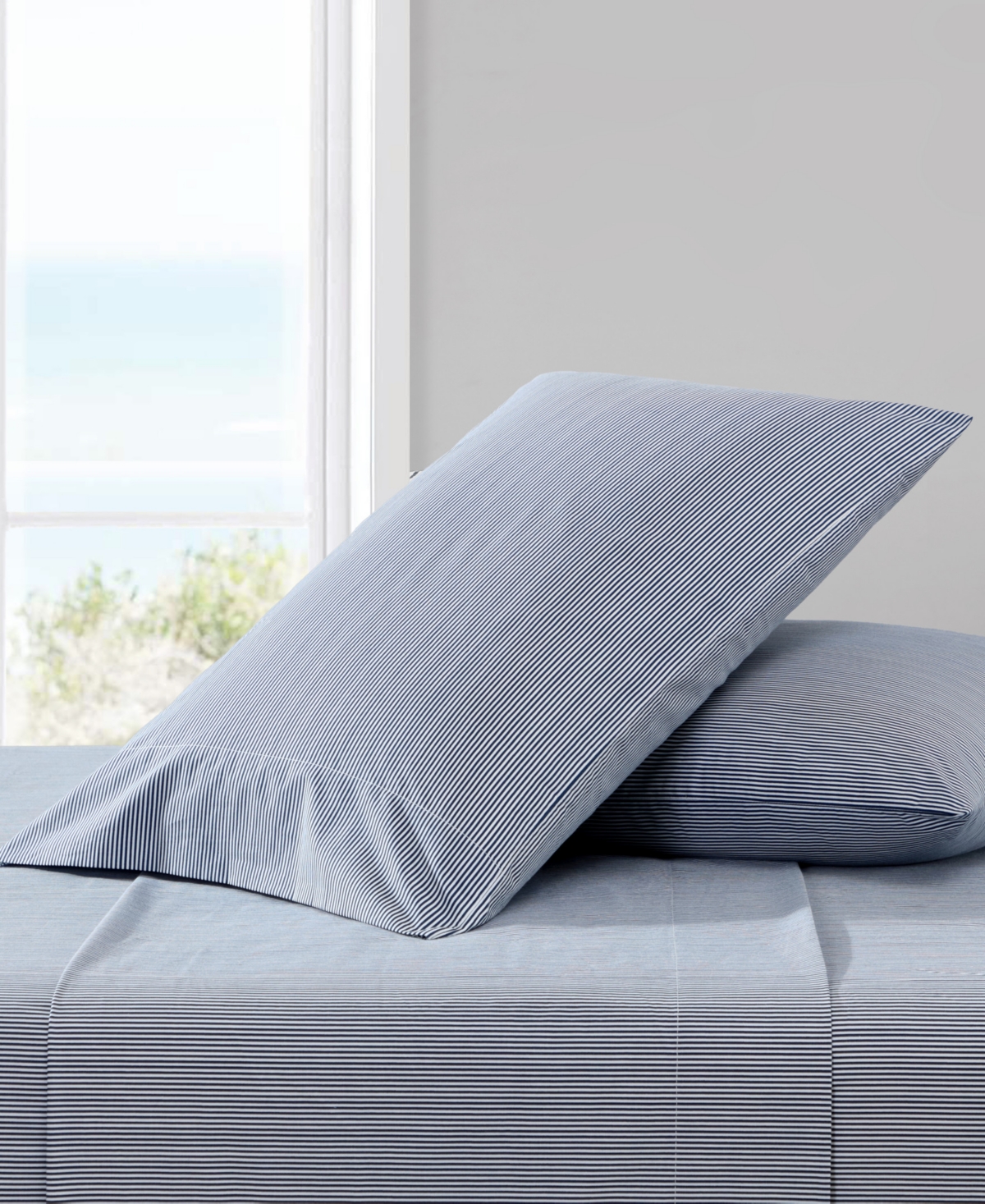 Nautica Closeout!  Cotton Percale 3-piece Sheet Set, Twin Xl In Penny Pinstripe Navy