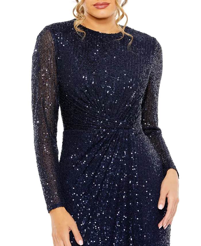 Women's Sequin Long Sleeve High Neck Column Gown - thumbnail 6