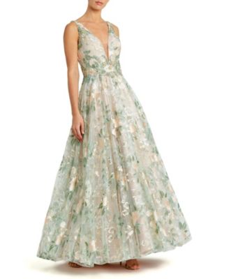 【Mac Duggal】フローラルプリントワンスリーブガウン Green Floral Embroidered Illusion Long Sleeve Gown - Mac Duggal