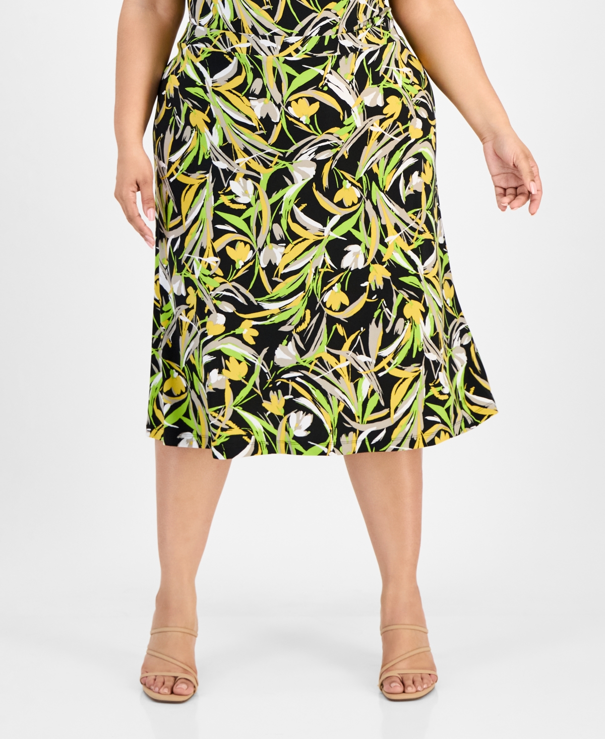 Kasper Plus Size Printed Pull-on Midi Skirt In Black Multi