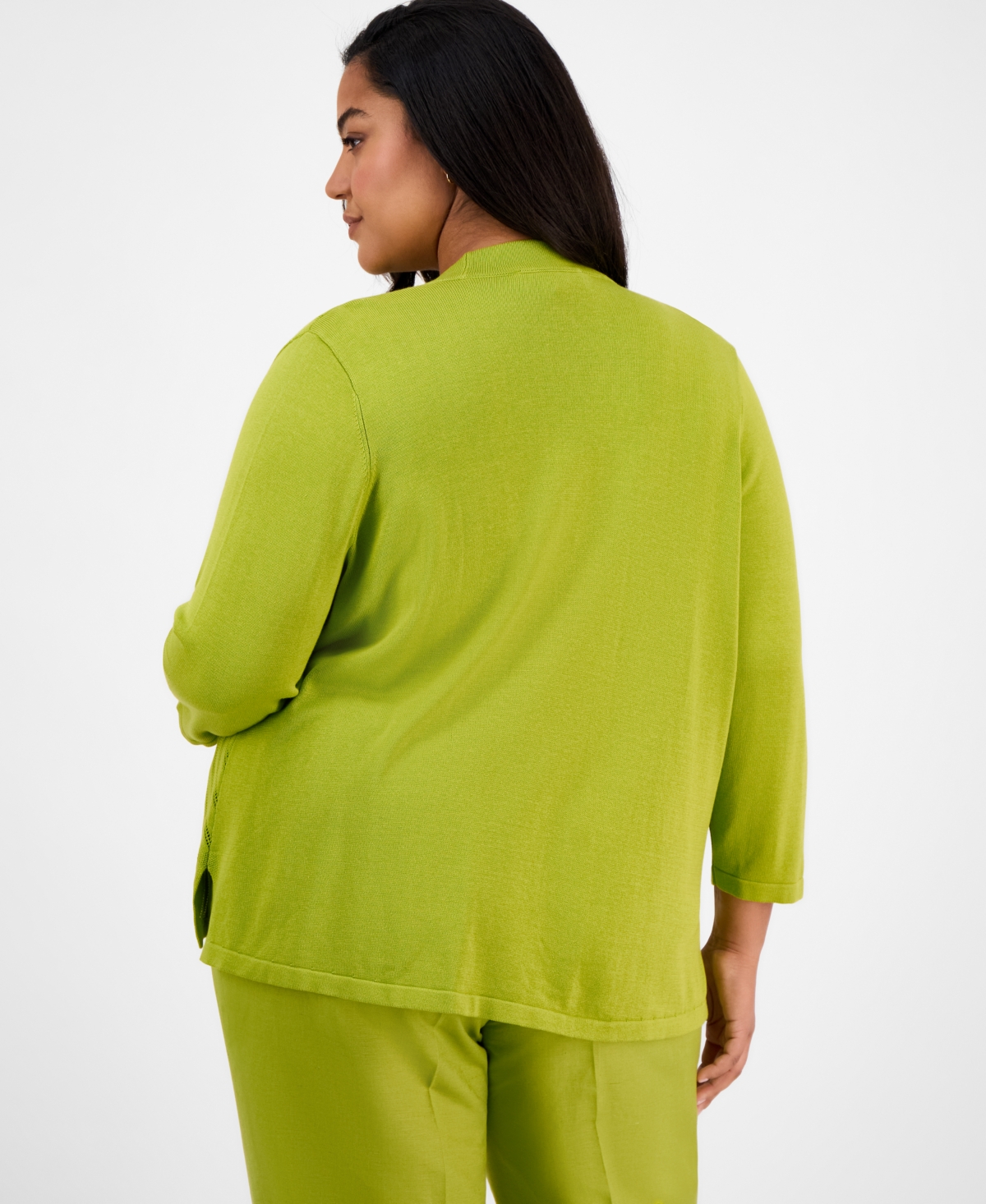 Kasper Plus Size Diagonal Stitch Open-front Cardigan In Kiwi