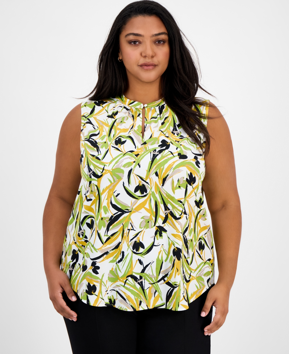 Plus Size Sleeveless Printed Keyhole Blouse - Lily White Multi