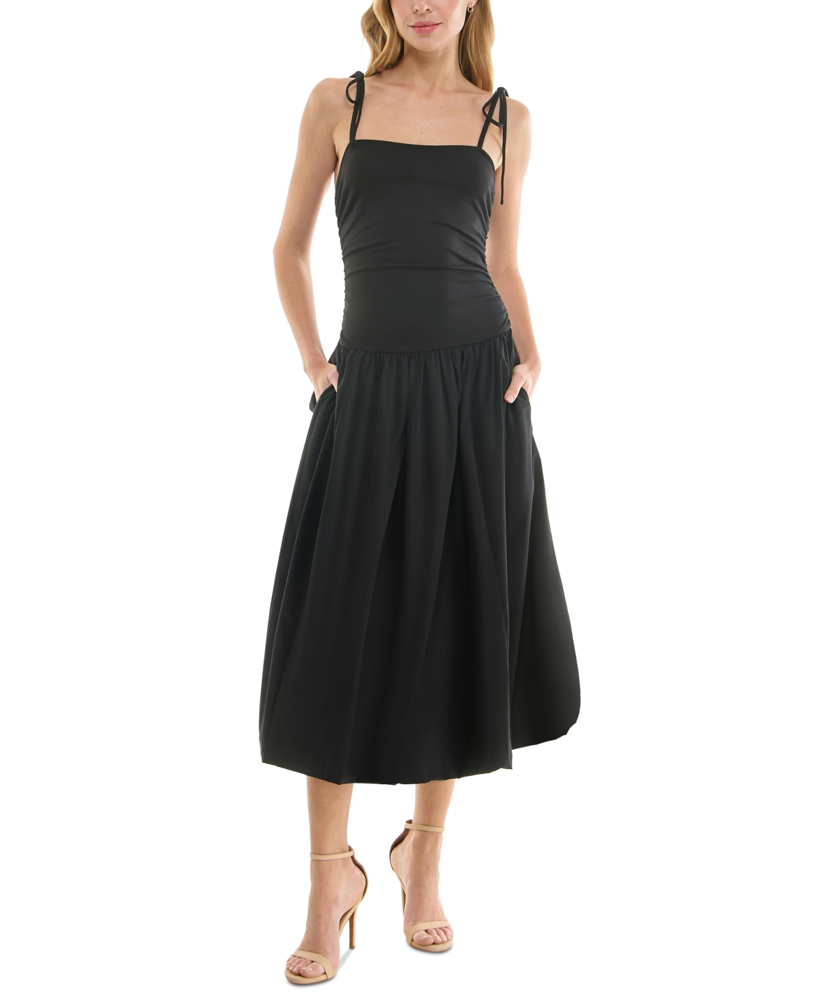 Juniors' Cami Drop-Waist Bubble-Hem Midi Dress - Black