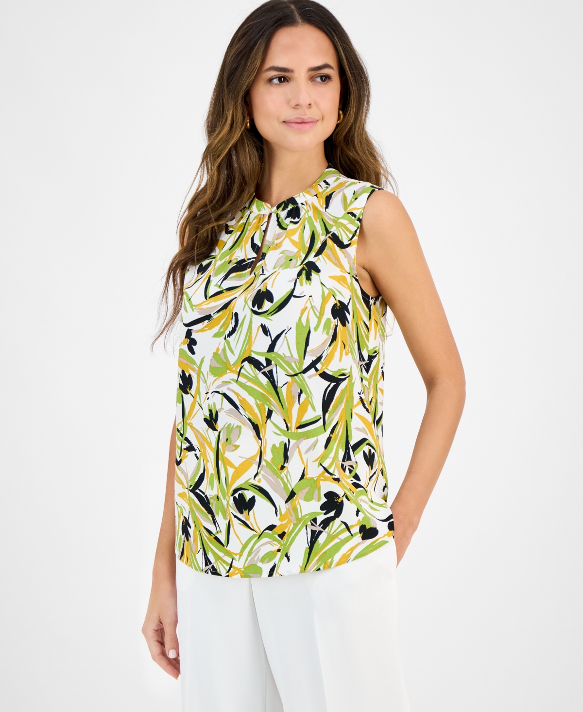Women's Printed Sleeveless Keyhole Top - Lily White Multi
