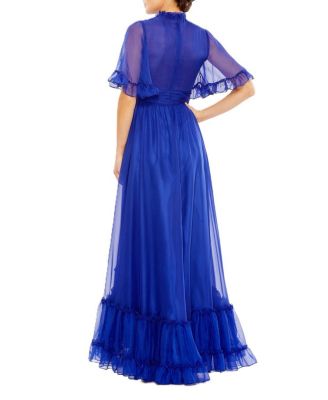 Women's Ruffled High Neck Flutter Sleeve High Low Hem Gown