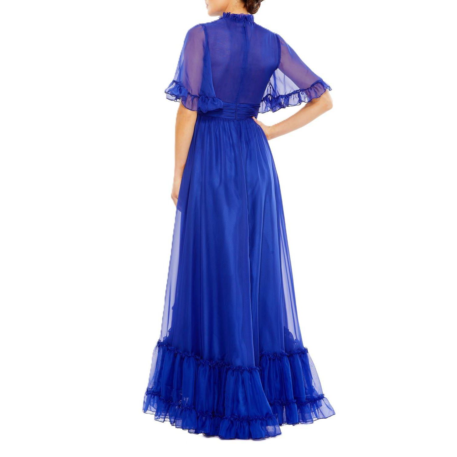 Women's Ruffled High Neck Flutter Sleeve High Low Hem Gown