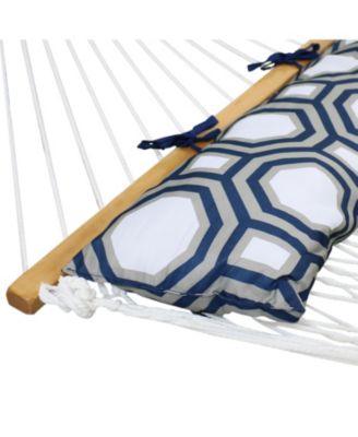 Outdoor 2-Person Double Polyester Rope Hammock with Wood Spreader Bar and Matte Blue Steel Multi-Use Stand