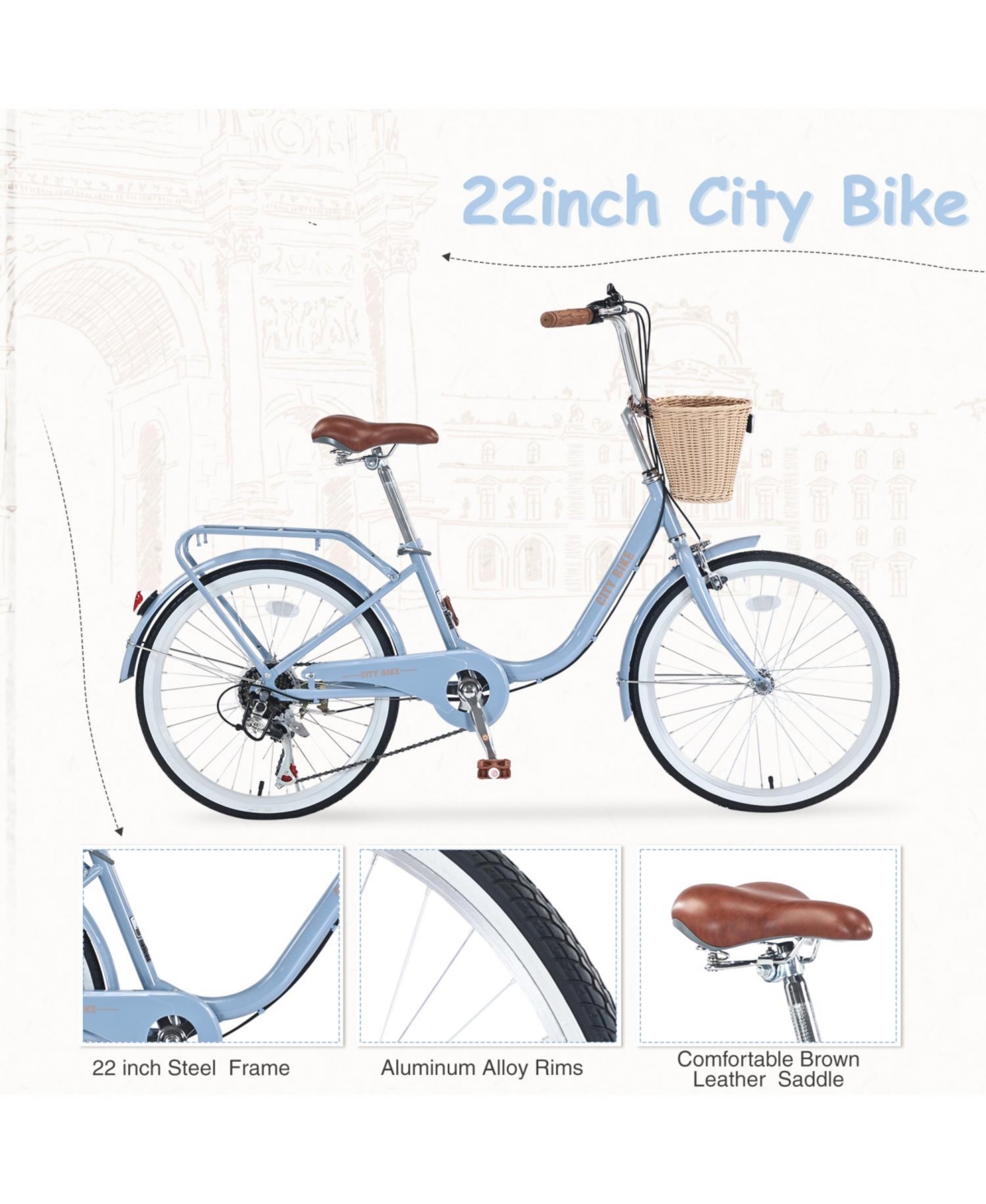 Streamdale 7 Speed City Bike With Basket, Steel Frame,Multiple Colors Inch Girls Bicycle