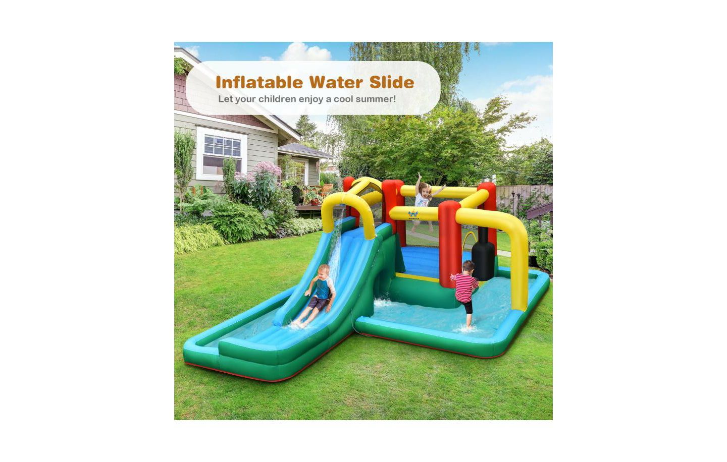Детская игрушка Slickblue Inflatable Water Slide with Climbing Wall & Bounce House Playset, Accommodates 4 Kids, 3–10 лет, цвет: Синий / Жёлтый — фото 7