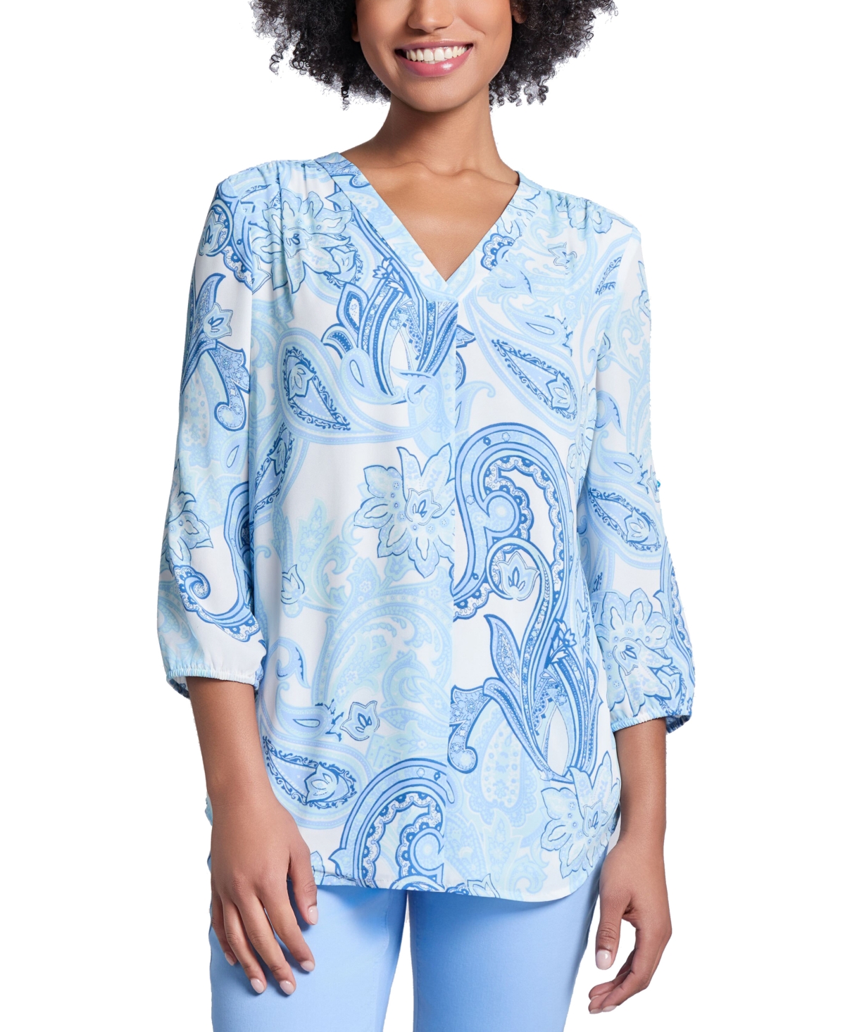 JONES NEW YORK PETITE PAISLEY V-NECK 3/4-SLEEVE TUNIC 