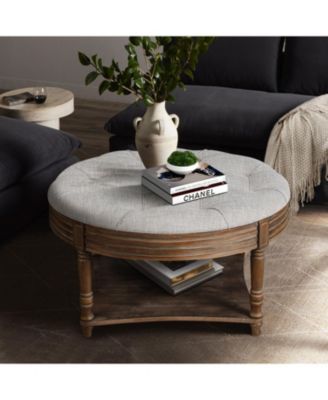  Round Waterproof Ottoman Table Tufted Storage Coffee Table with Shelf