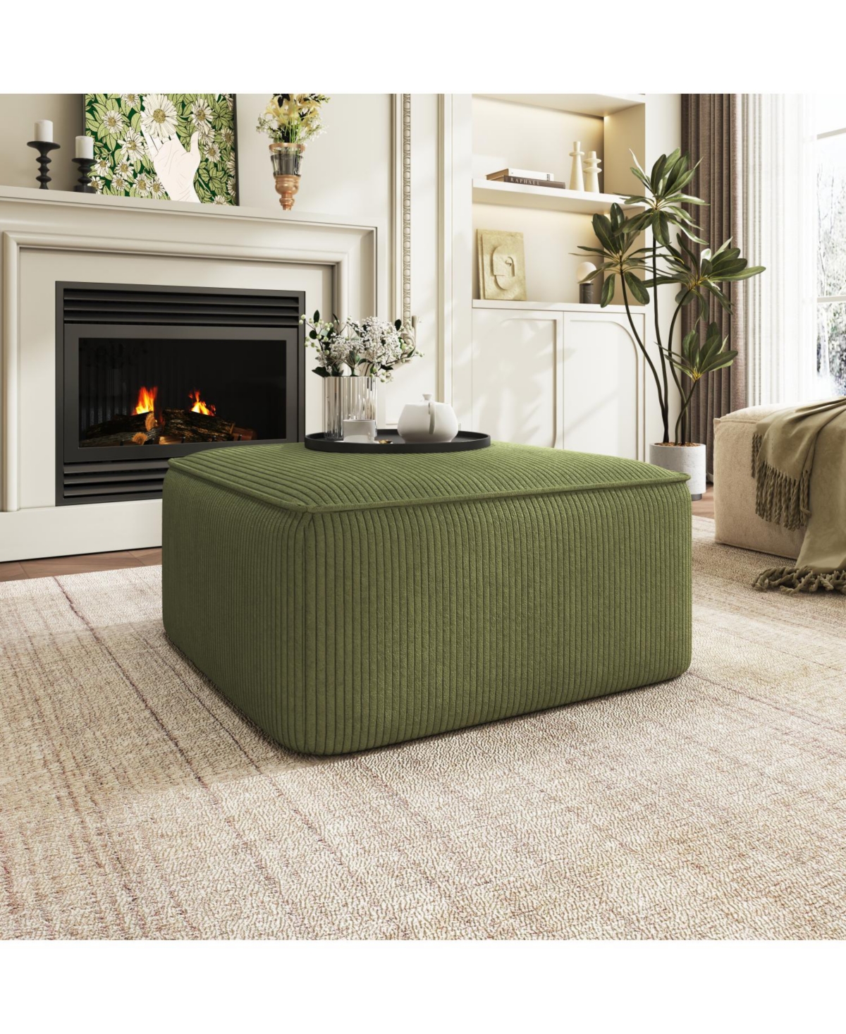 Streamdale Isabella Square Ottoman, Olive Green, Corduroy