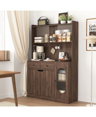 71" Tall Reeded Glass Door Kitchen Cabinet with Microwave Stand