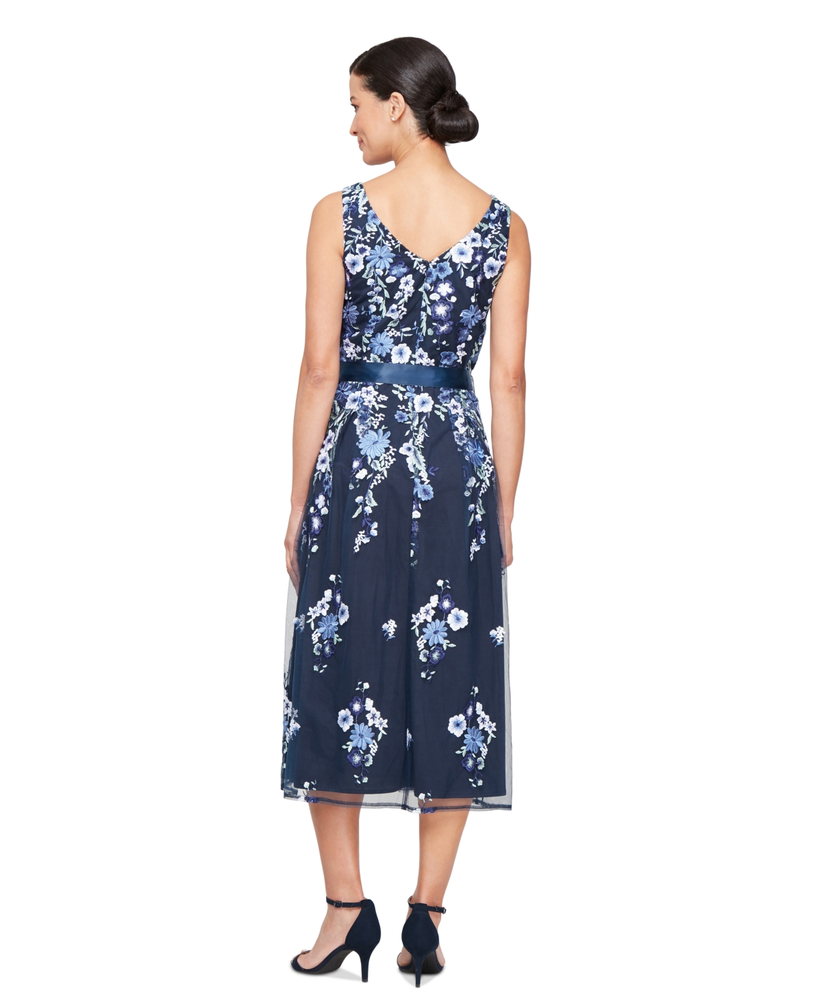 Alex Evenings Embroidered Mesh A-line Cocktail Dress In Navy Multi