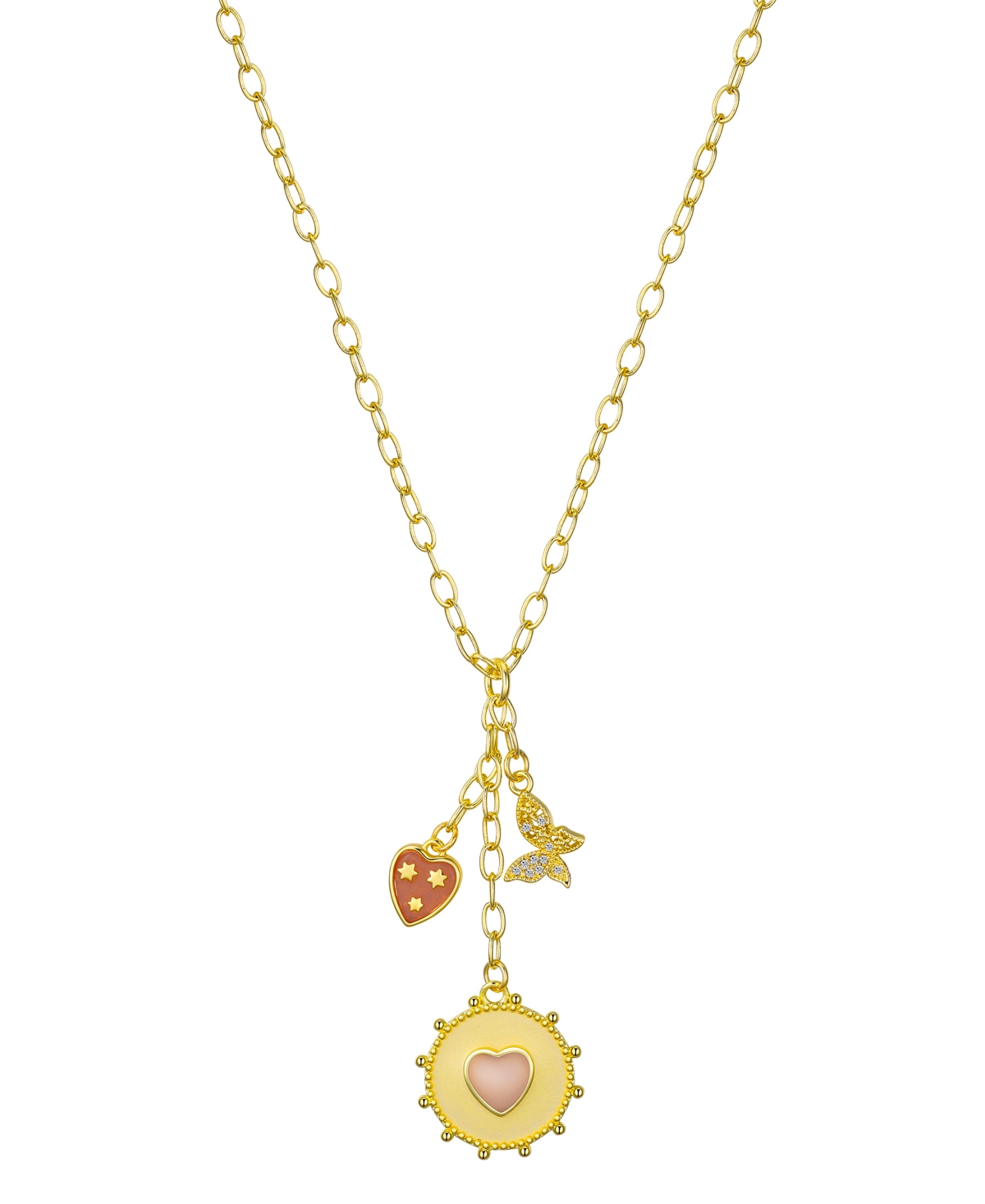 Cubic Zirconia Rose Quartz Stone Heart Charm Y-Necklace - Gold