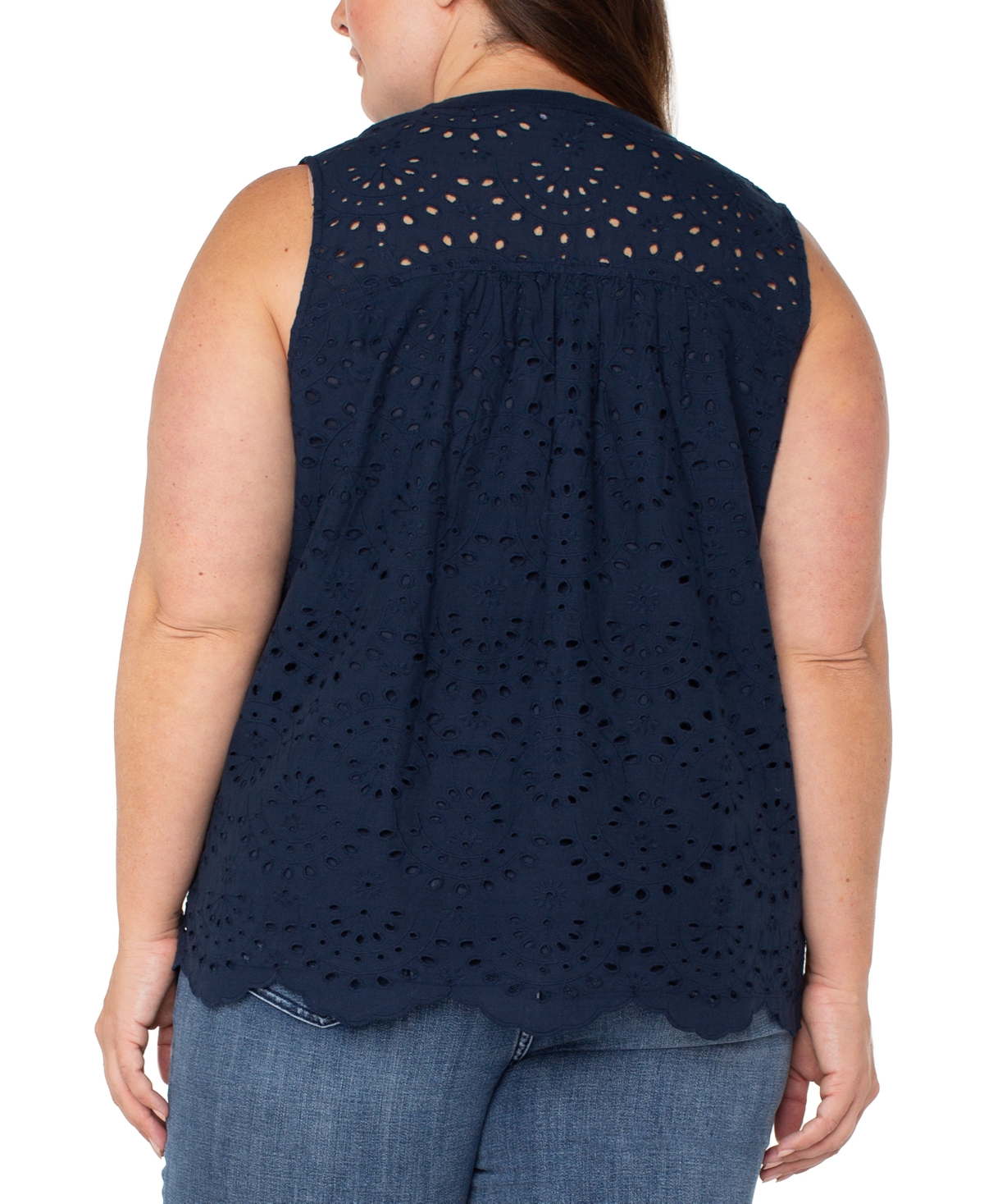 Liverpool Plus Size Cotton Eyelet Sleeveless Blouse In Navy