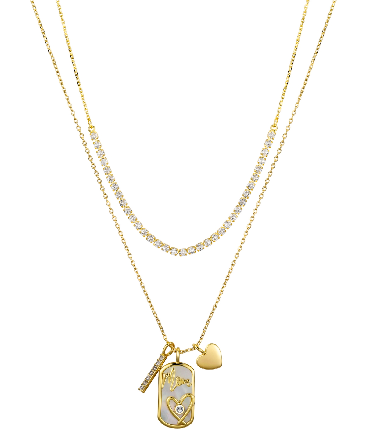 "Mom" Cubic Zirconia Mother of Pearl Tennis Charm Layered Necklace Set - Gold
