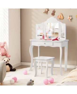 Kids Makeup Dressing Mirror Vanity Table Stool Set