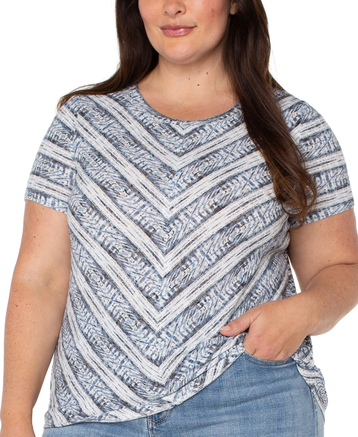 Liverpool Plus Size Ikat-Print Mitered Knit Short-Sleeve Top - Indigo Ikat Str