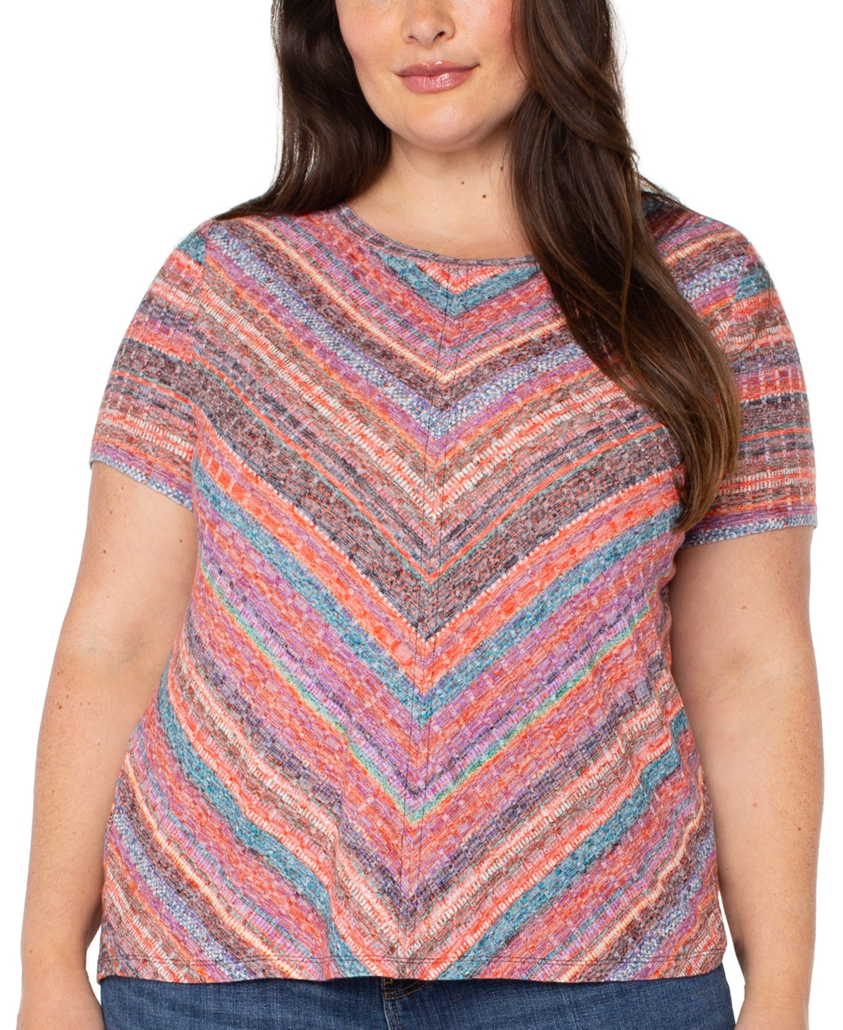 Liverpool Plus Size Ikat-Print Mitered Knit Short-Sleeve Top - Paradise Multi Stripe