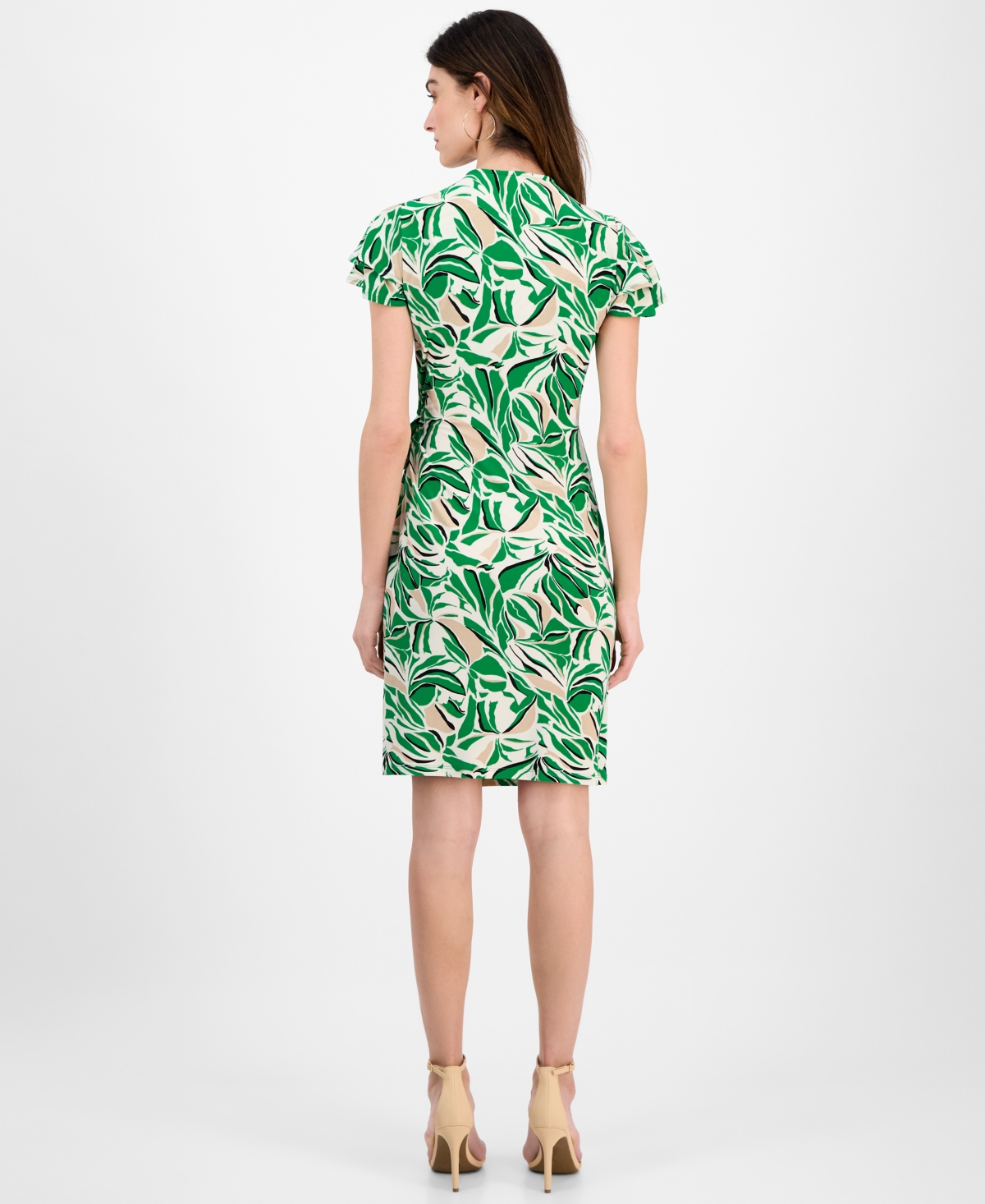 Anne Klein Abstract Print Flutter Sleeve Wrap Dress In White