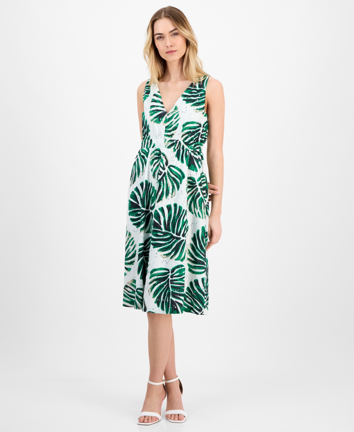 Anne Klein Women's Printed Cotton Eyelet V-neck Dress