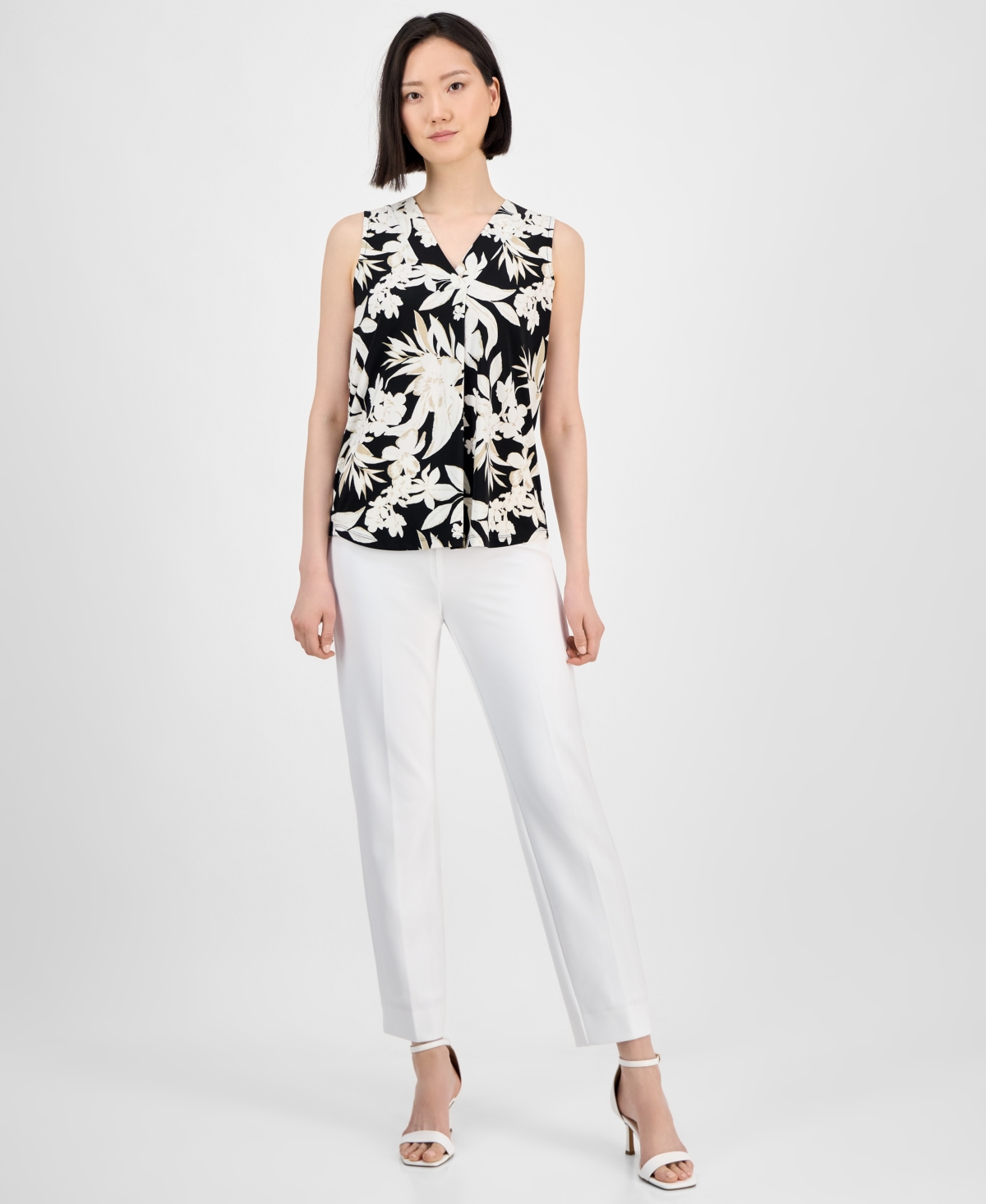 売れ筋商品|||アンクライン カットソー トップス レディース Women's Printed Sleeveless V-Neck Shell Top Anne Black White Dove Multi Anne Klein Women's Printed Sleeveless V-neck Shell Top In
