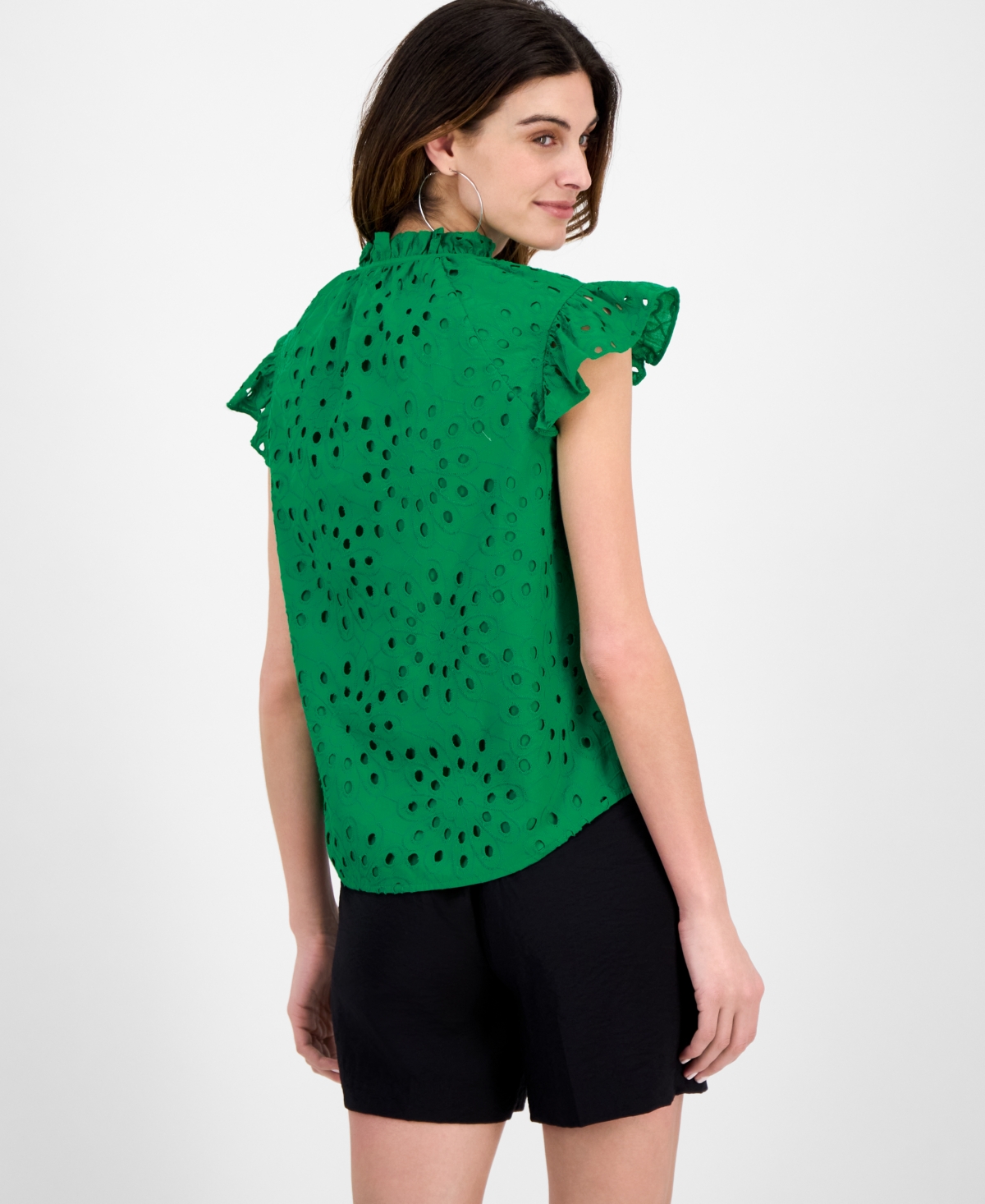 Shop Anne Klein Women's Cotton Flutter-sleeve Eyelet Blouse